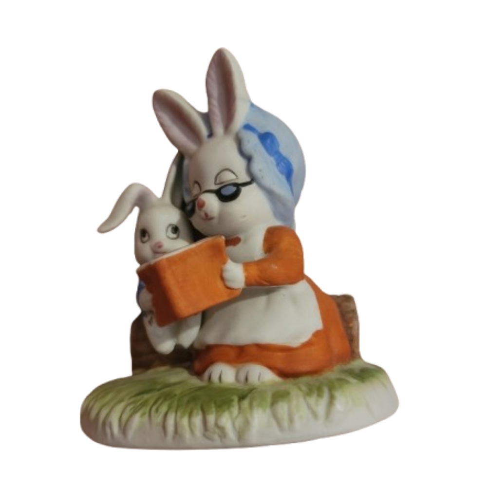 Bunny Rabbit Figures Easter Ceramic Grandparents Reading To GrandKids Vintage